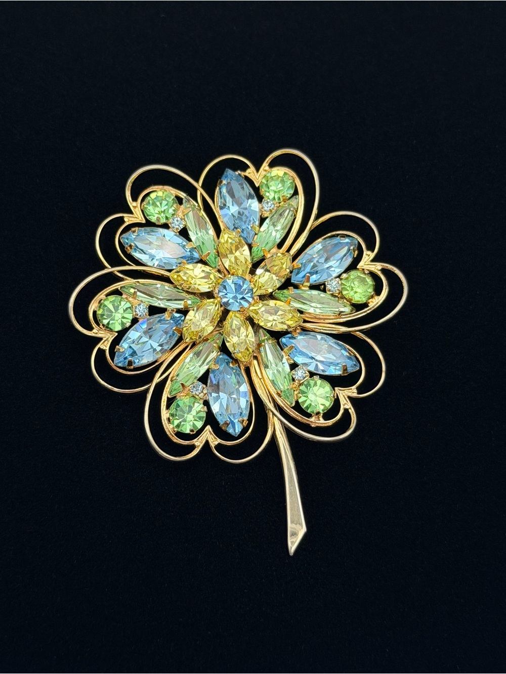 Vintage MCM Weiss Gold Tone Rhinestone Flower Brooch 3” (Blue, Yellow, Green)